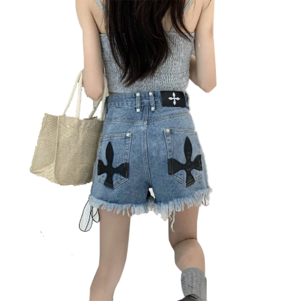 Women Denim Shorts High Waist Wide Leg Lace Up Side Irregular Hem Denim Shorts with Pockets for Summer Light Blue S(45‑50kg/99.2‑110.2lb)