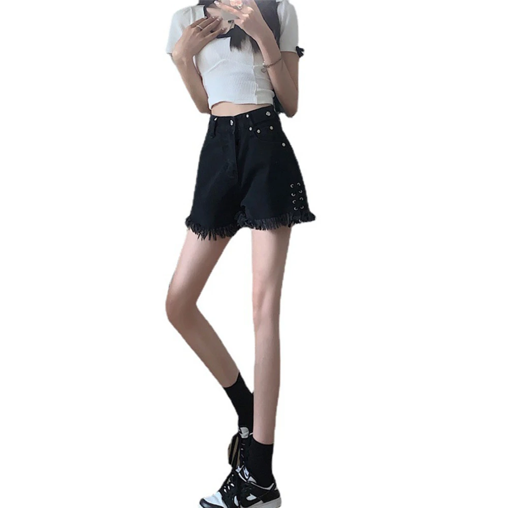 Women Denim Shorts High Waist Wide Leg Lace Up Side Irregular Hem Denim Shorts with Pockets for Summer Black M(50‑55kg/110.2‑121.3lb)