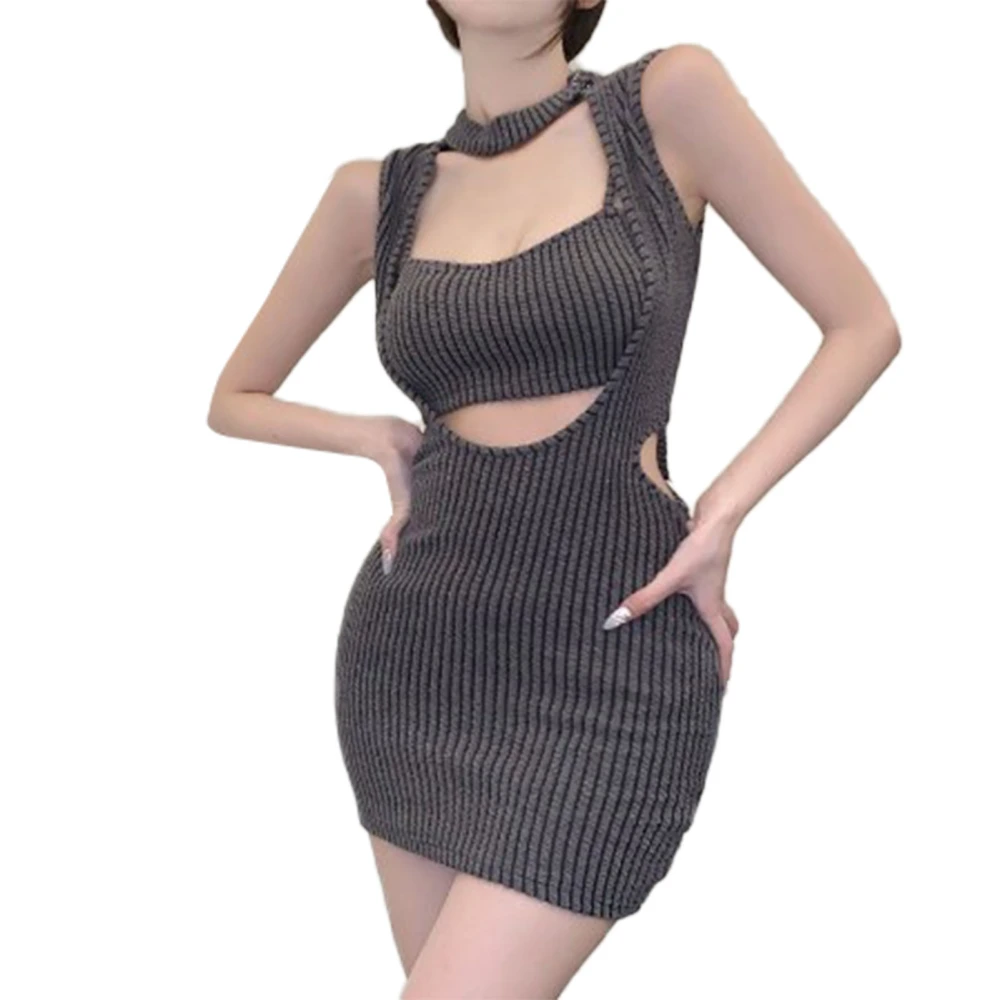 Women Knit Dress Cut Out Sleeveless Round Neck Halter Soft Comfortable Women Wrap Dress for Summer Dark Gray Free Size(40‑62.5kg/88.2‑137.8lb)