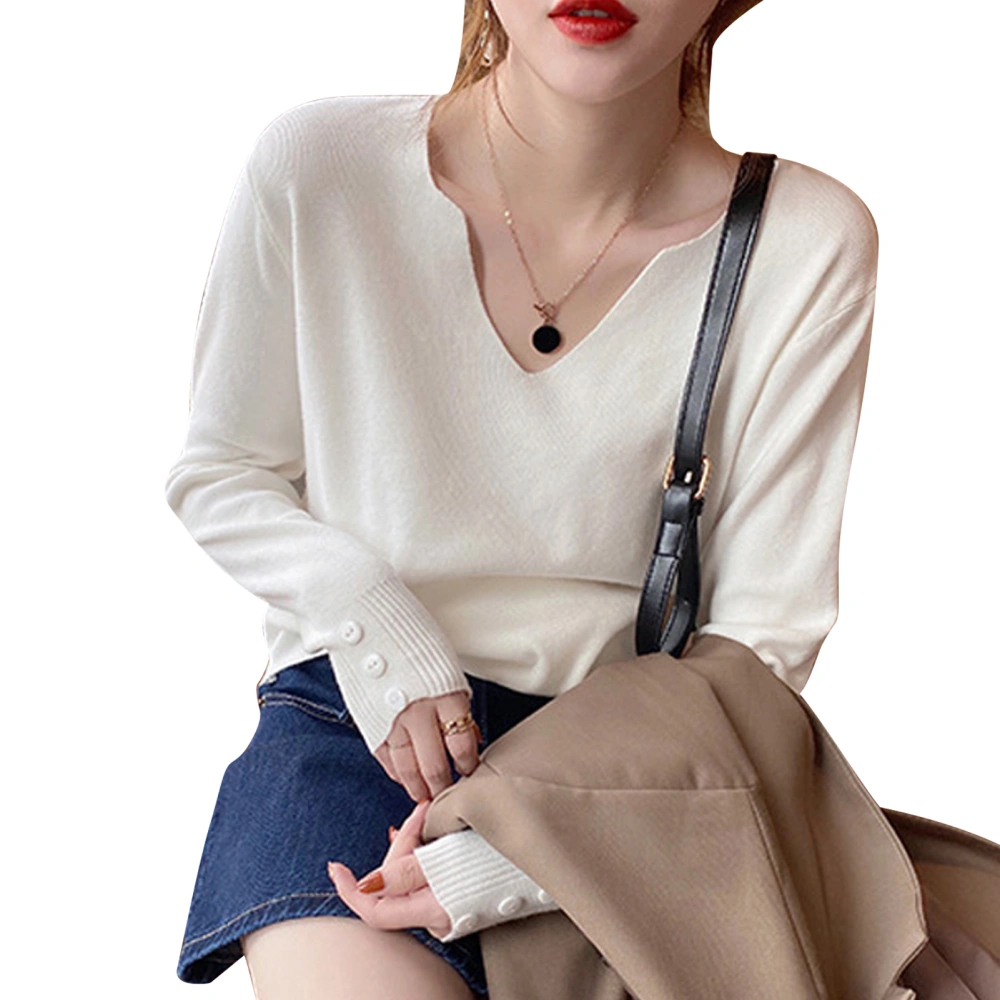 Women Long Sleeve V Neck Sweater Early Autumn Fashion Casual Thin Loose Fit Women V Neck Basic Knit Tops White Free Size