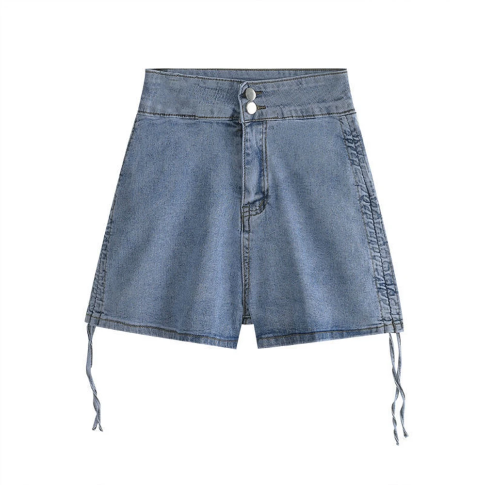 Denim Shorts Fashionable High Waist Slim Fitting Drawstring Side Women Casual Shorts for Spring Summer Light Blue L