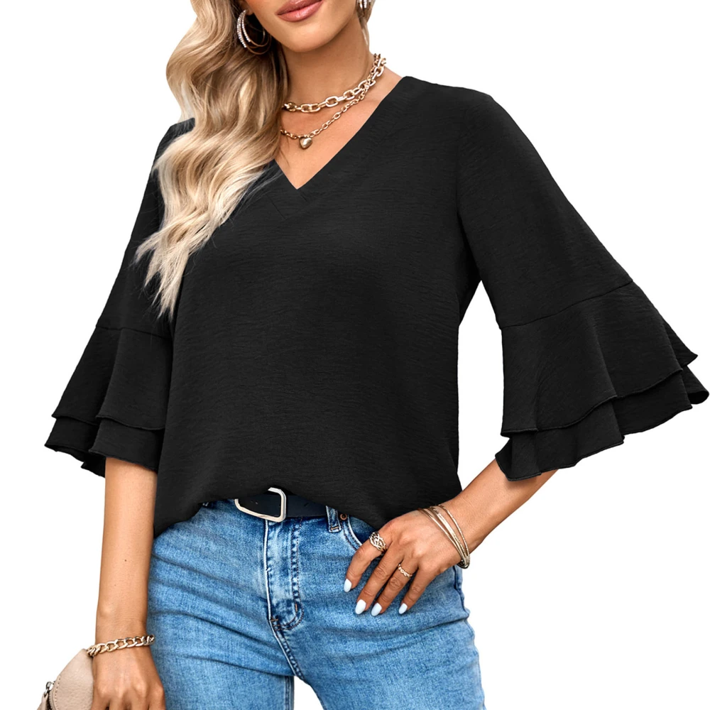 Women V Neck T Shirt Half Ruffle Sleeves Loose Fitting Pure Color Casual Summer Top Black S