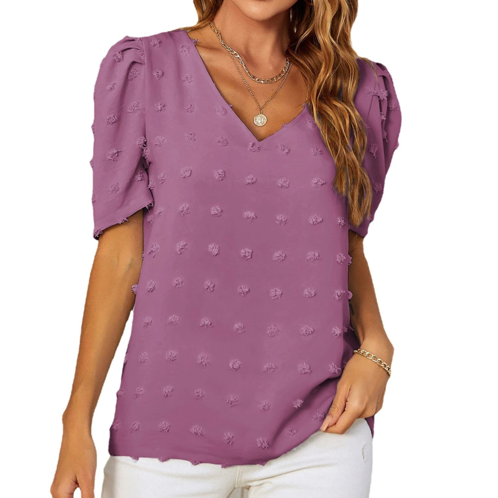 Women Short Puff Sleeve Top Jacquard V Neck Loose Type Casual T Shirt for Summer Wear Purple XXL