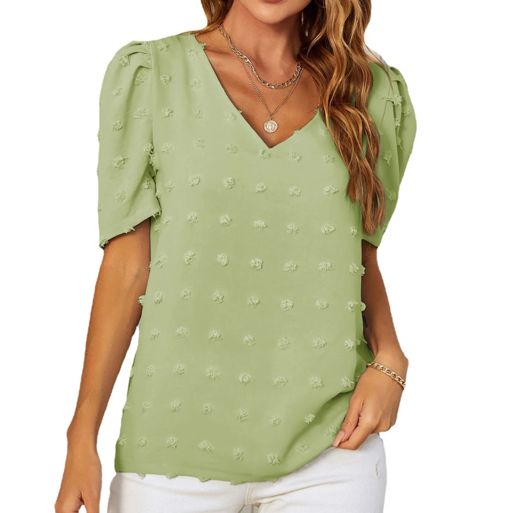 Women Short Puff Sleeve Top Jacquard V Neck Loose Type Casual T Shirt for Summer Wear Green XL