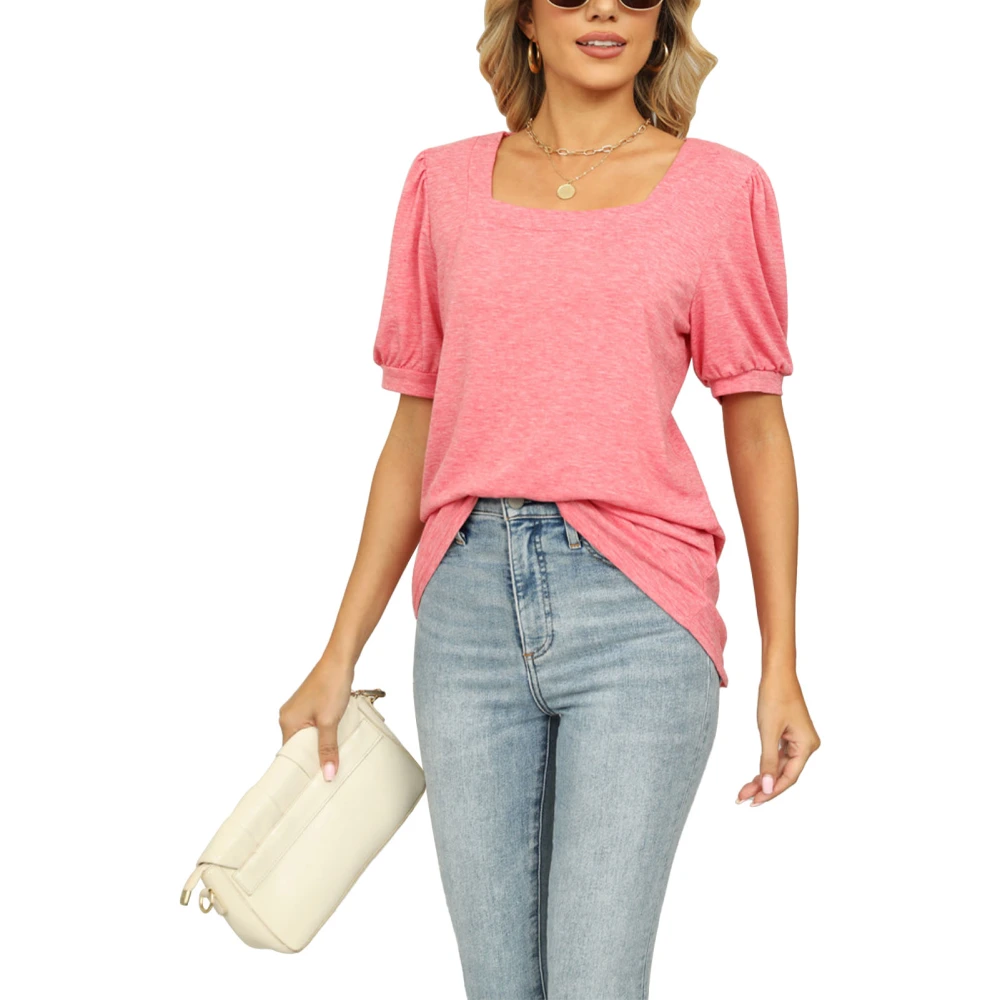 Women Casual Top Short Puff Sleeve Loose Type Pure Color Summer T Shirt for Daily Wear Pink L