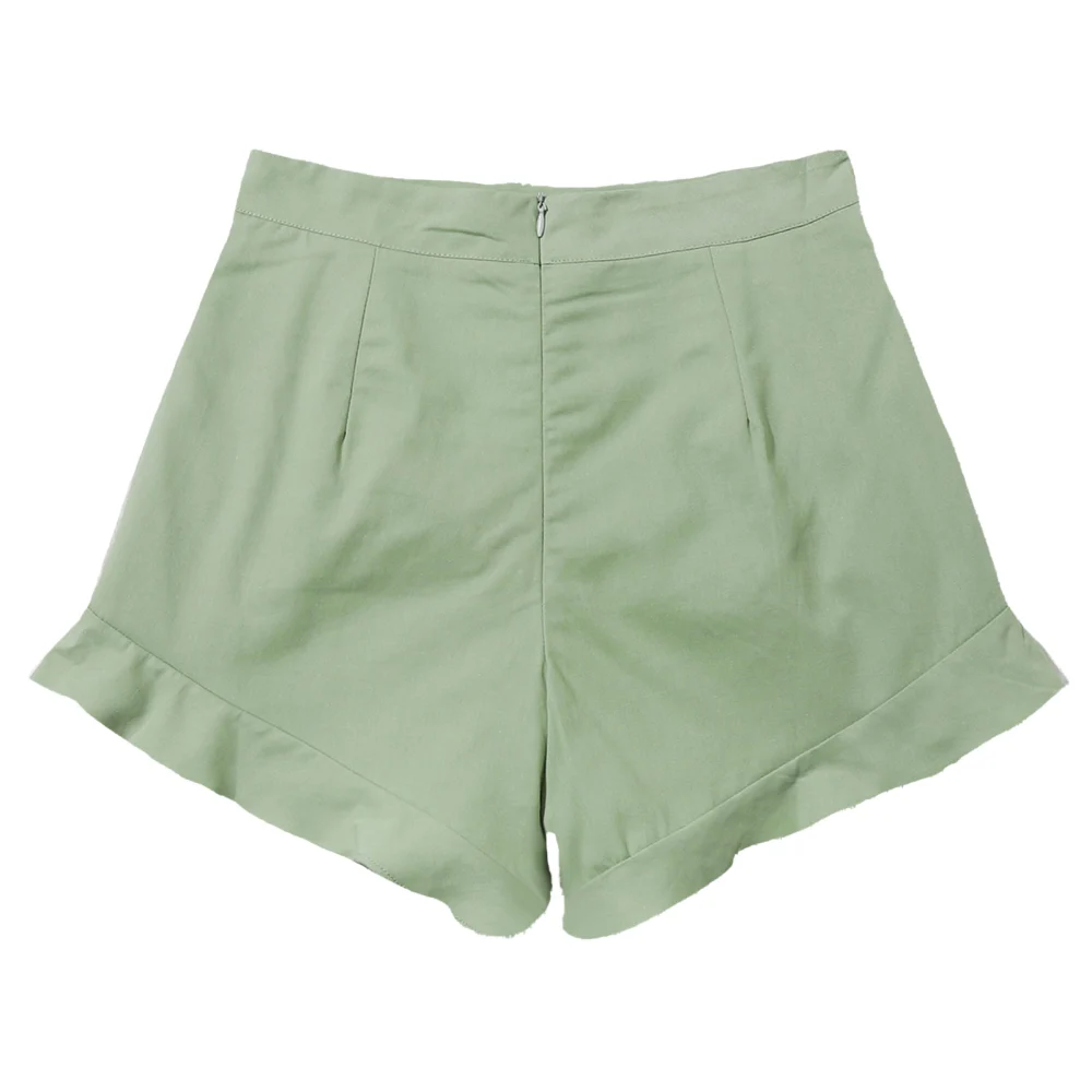 Women Ruffle Hem Shorts High Waist Casual Loose Pure Color Wide Legs Fashion Shorts for Summer Home Outdoor Travel Light Green M