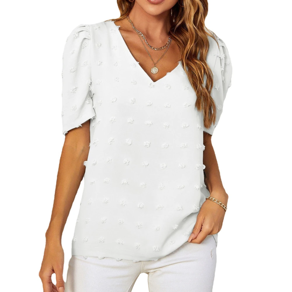 Women Short Puff Sleeve Top Jacquard V Neck Loose Type Casual T Shirt for Summer Wear White XL