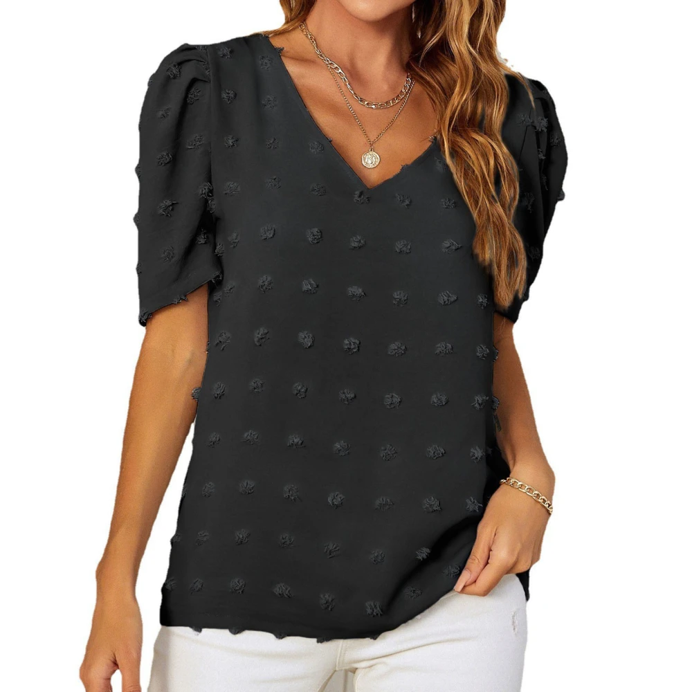 Women Short Puff Sleeve Top Jacquard V Neck Loose Type Casual T Shirt for Summer Wear Black XXL