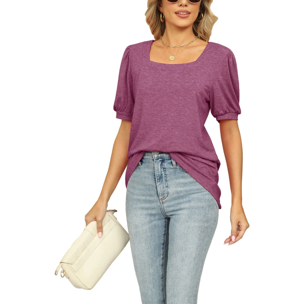 Women Casual Top Short Puff Sleeve Loose Type Pure Color Summer T Shirt for Daily Wear Fuchsia XL