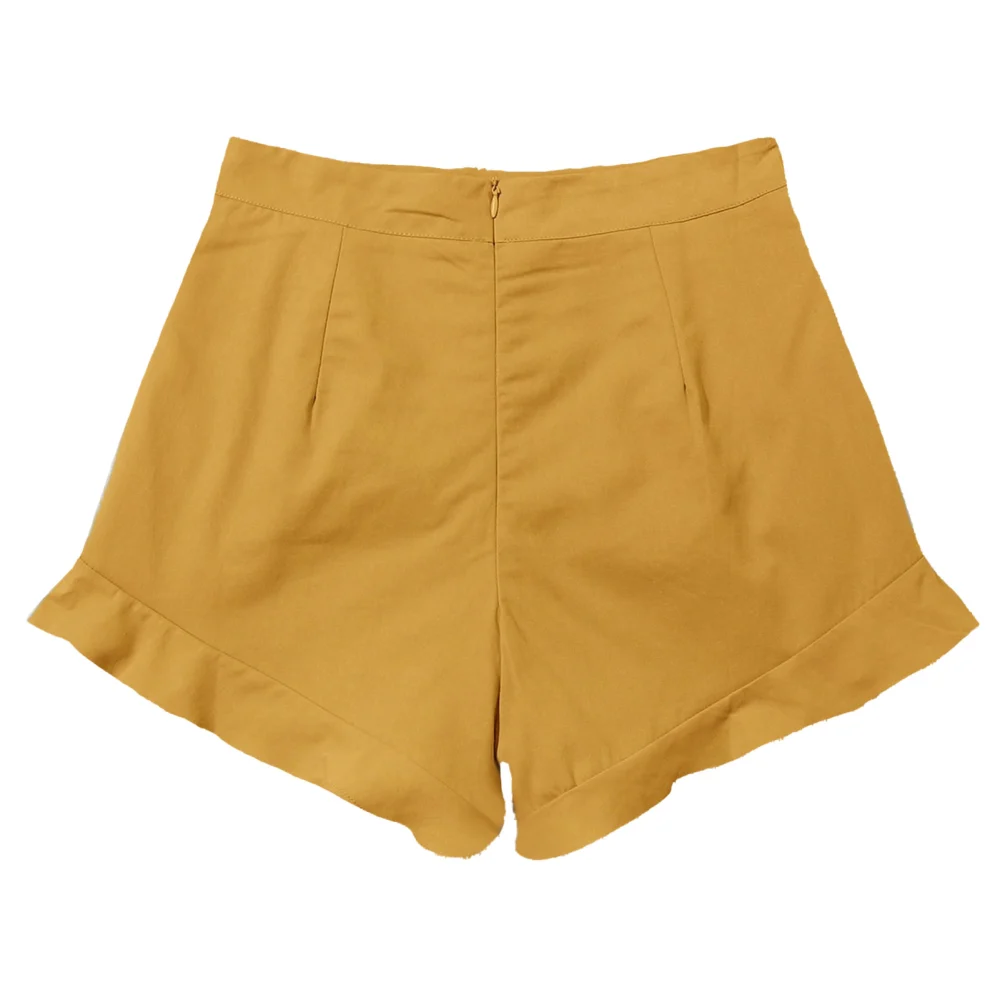 Women Ruffle Hem Shorts High Waist Casual Loose Pure Color Wide Legs Fashion Shorts for Summer Home Outdoor Travel Ginger L