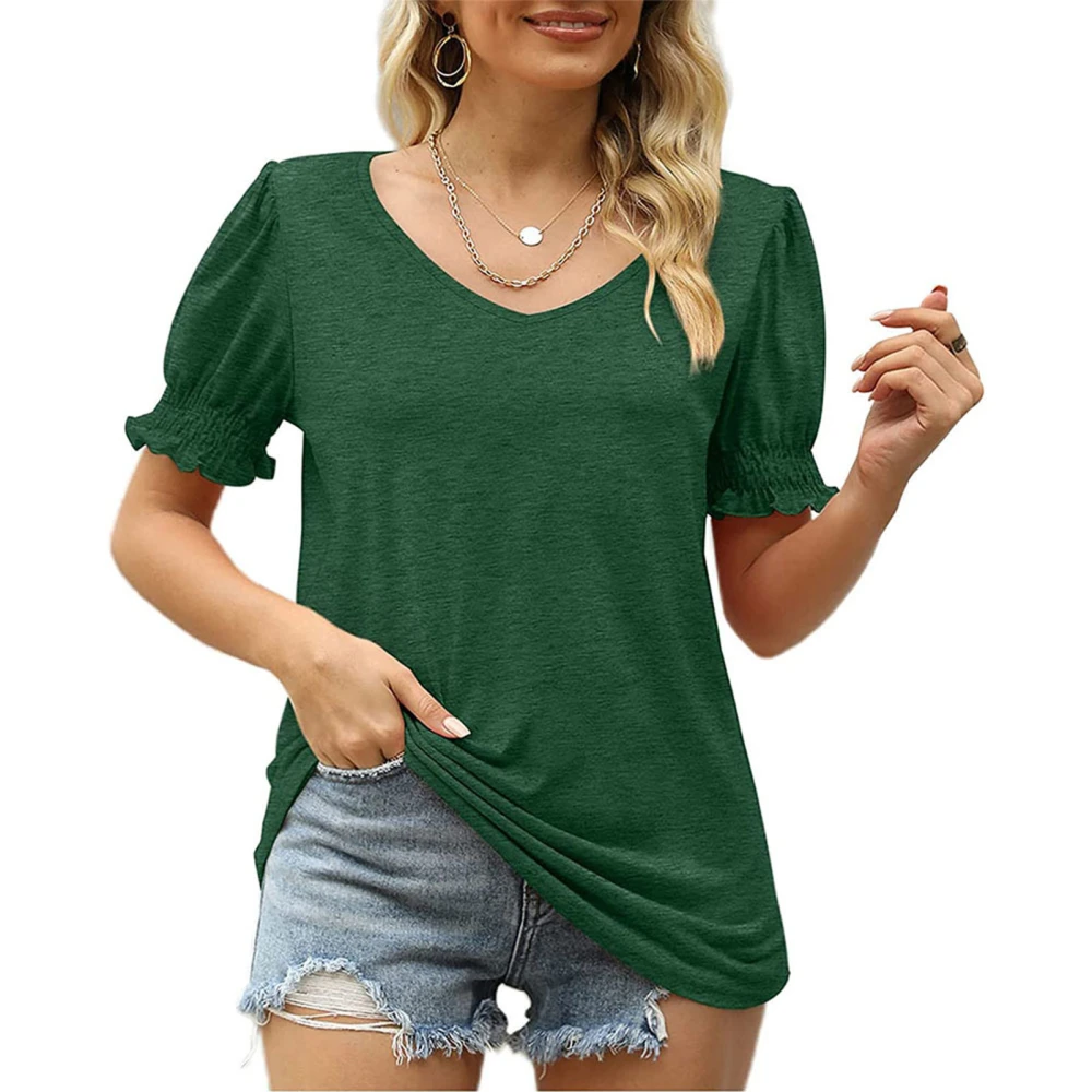 Women Shirred Puff Sleeve Top V Neck Pure Color Loose Fitting Casual Summer Pullover Shirt Green S