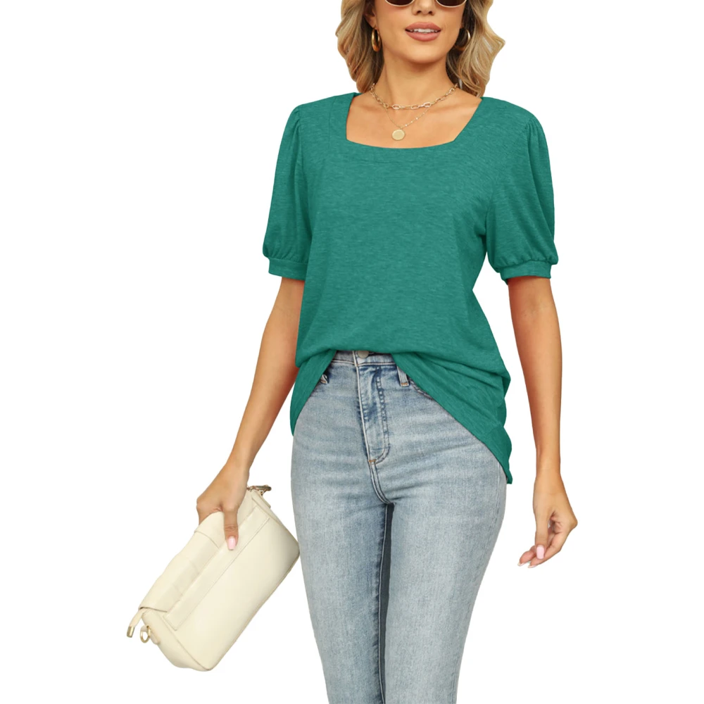 Women Casual Top Short Puff Sleeve Loose Type Pure Color Summer T Shirt for Daily Wear Dark Green XXL