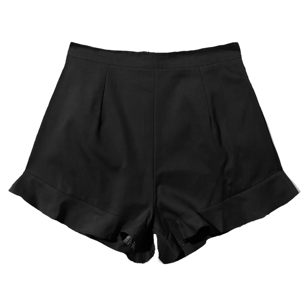 Women Ruffle Hem Shorts High Waist Casual Loose Pure Color Wide Legs Fashion Shorts for Summer Home Outdoor Travel Black XS