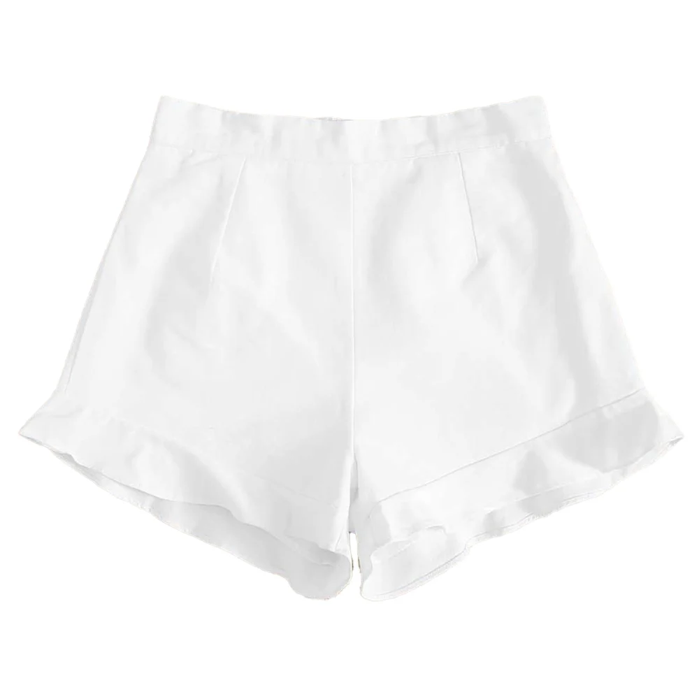 Women Ruffle Hem Shorts High Waist Casual Loose Pure Color Wide Legs Fashion Shorts for Summer Home Outdoor Travel White L