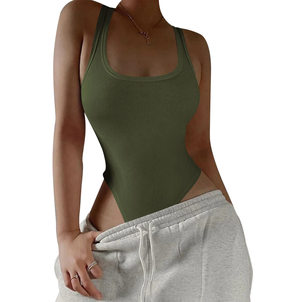 Sleeveless U Neck Back Hollow Bodysuit Women Elegant Pure Color Slim Fit Rib Knit Bodysuit for Party OD Green M