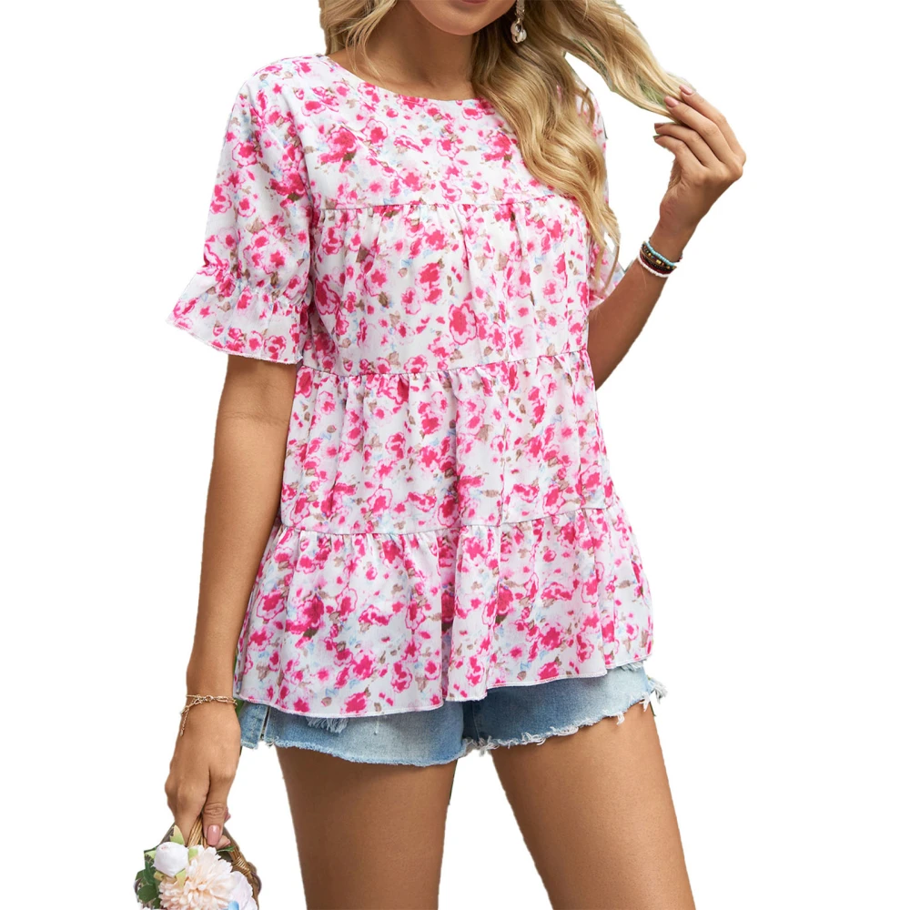 Women Short Sleeve Crewneck Top Fashionable Elegant Casual Floral Print Ruffle Shirt Blouse Pink XXL