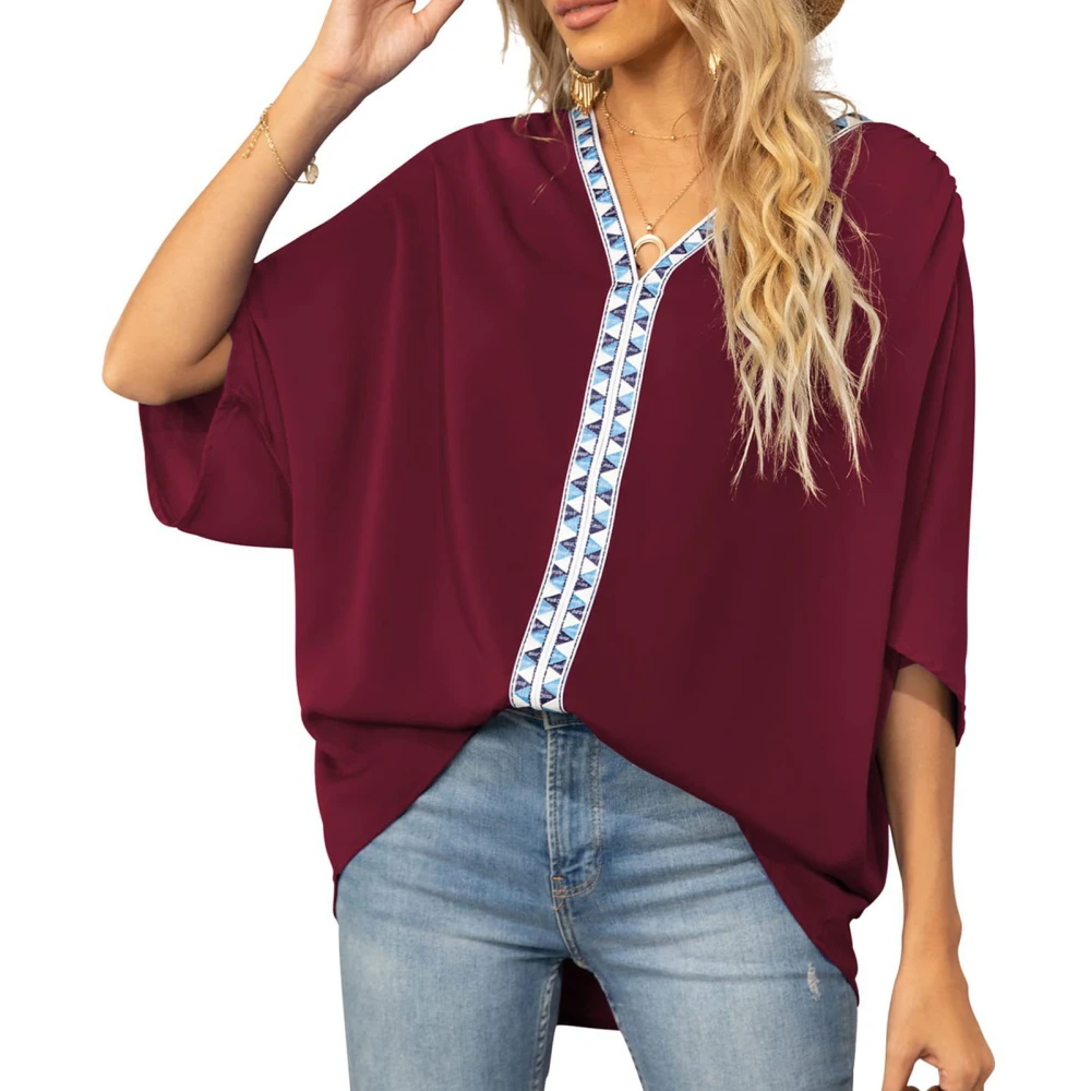 3/4 Sleeve Chiffon Shirt V Neck Printed Oversized Loose Fit Blouse T Shirt for Women Summer Burgundy M