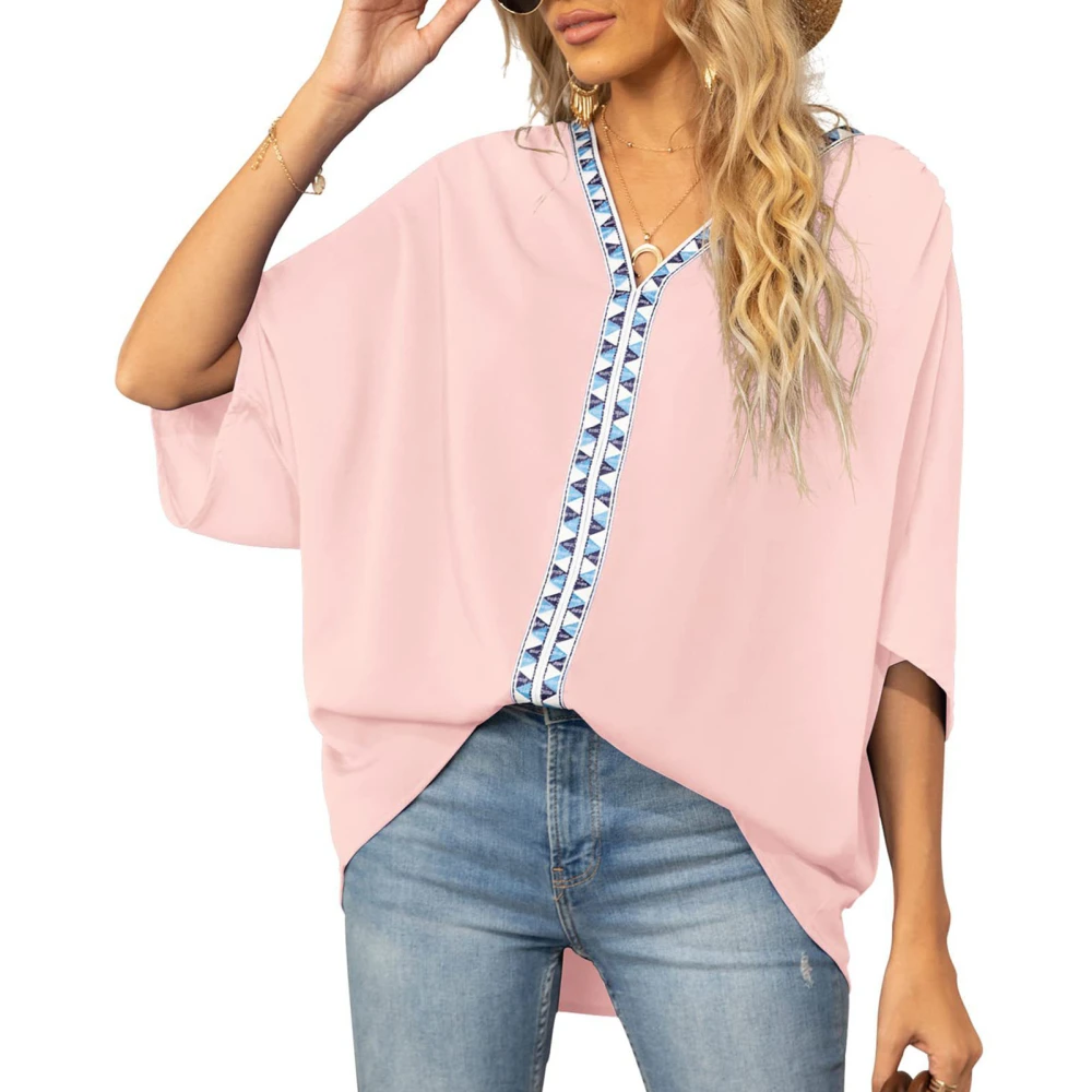 3/4 Sleeve Chiffon Shirt V Neck Printed Oversized Loose Fit Blouse T Shirt for Women Summer Pink L