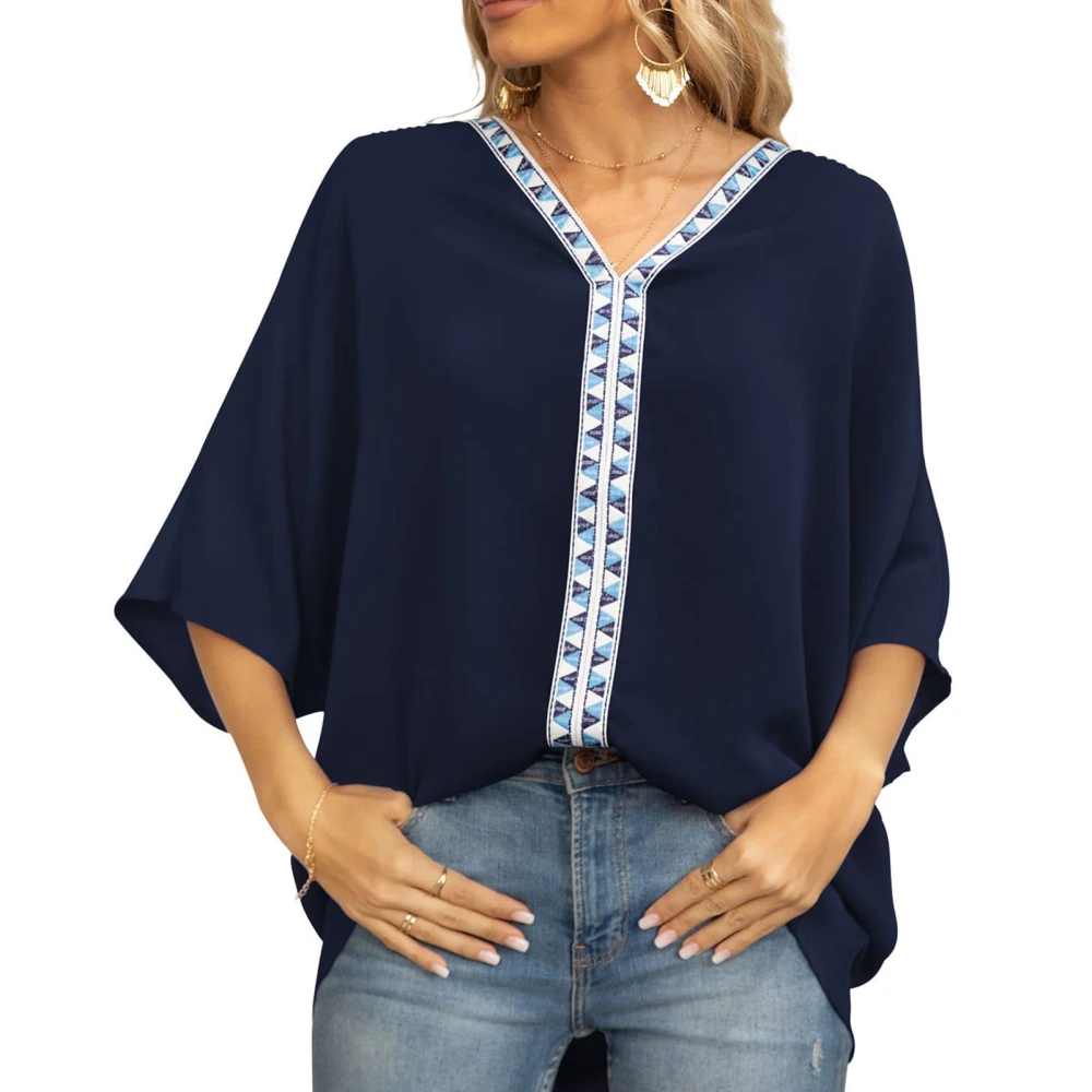 3/4 Sleeve Chiffon Shirt V Neck Printed Oversized Loose Fit Blouse T Shirt for Women Summer Navy Blue XL