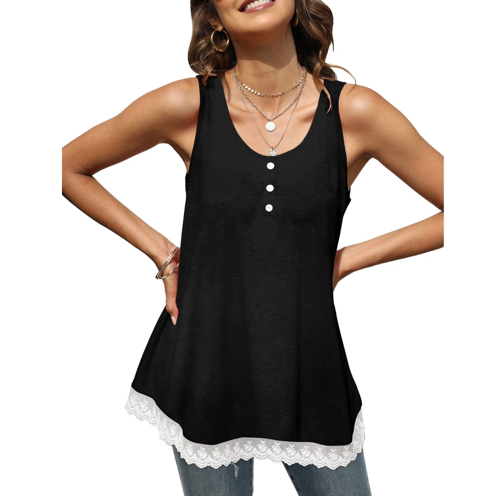 Women Tank Top Scoop Neck Lace Trim Casual Bottoned Loose Hem Pure Color Summer Sleeveless Shirt Black L