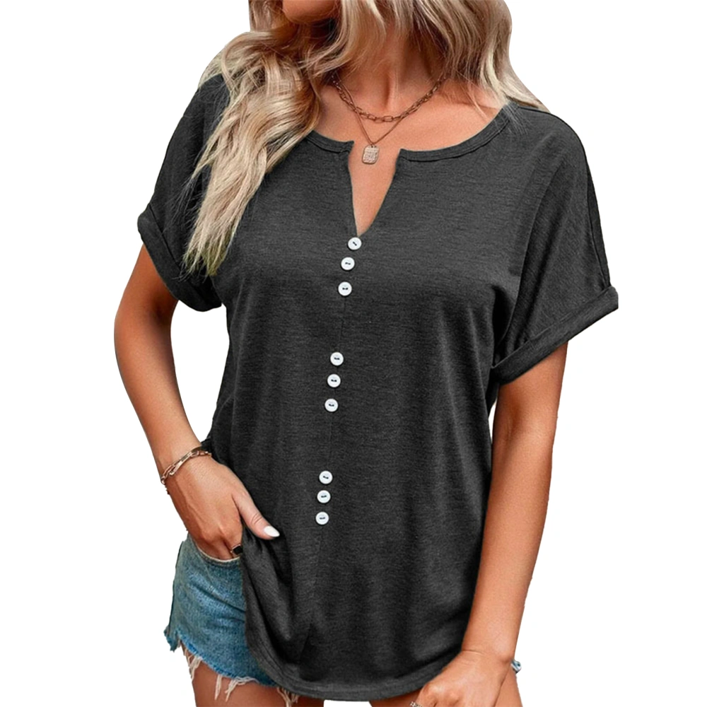 Women T Shirt Short Sleeve V Neck Pure Color Loose Fit Front Button Decoration Lady Casual Top for Spring Summer Dark Gray L