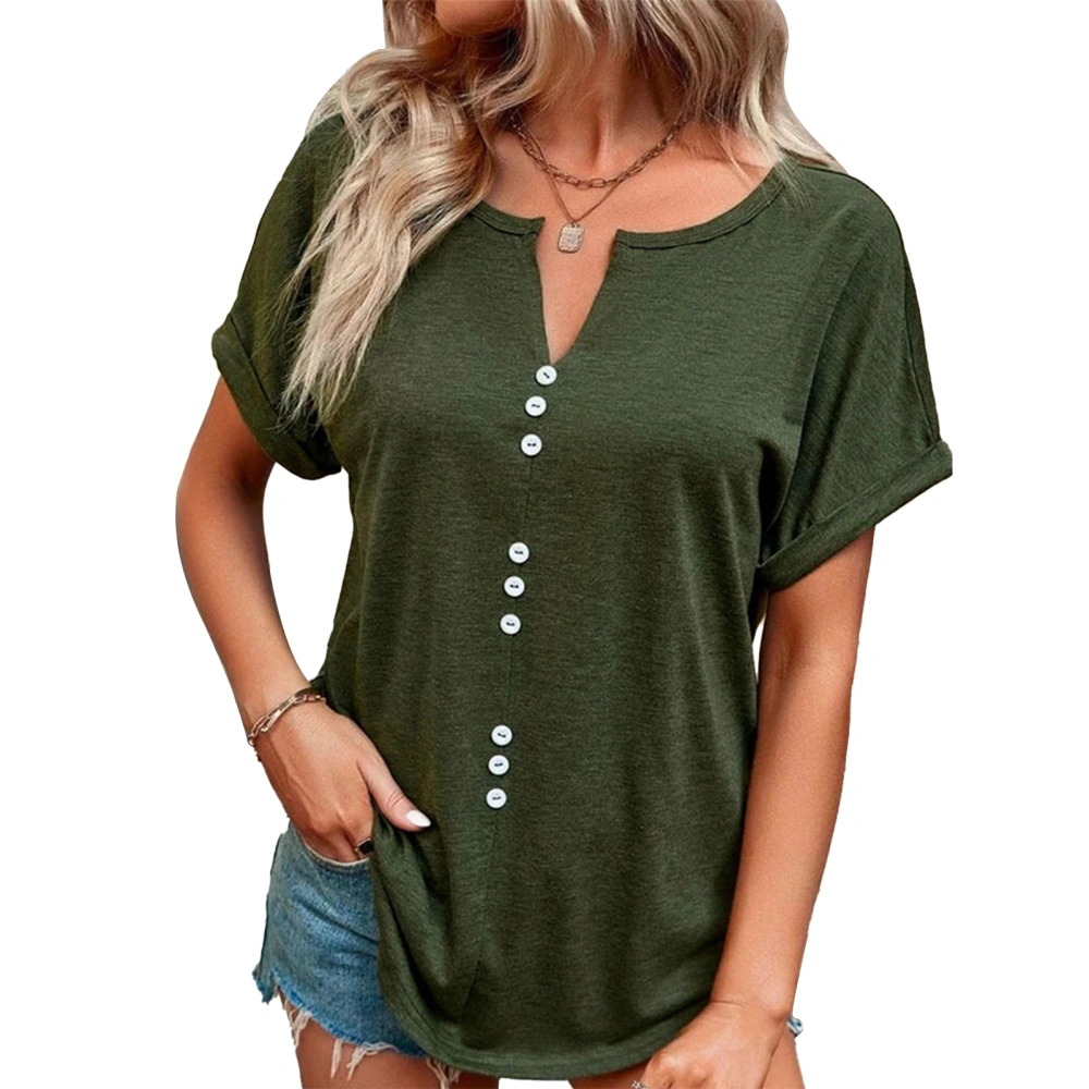 Women T Shirt Short Sleeve V Neck Pure Color Loose Fit Front Button Decoration Lady Casual Top for Spring Summer OD Green XL