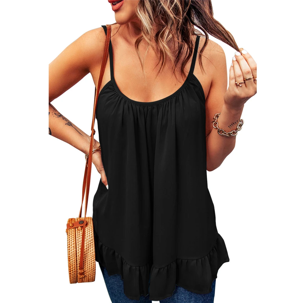 Women Tank Top Pure Color Sleeveless Shirt Ruffle Hem Crew Neck Comfortable for Date Travel Black S