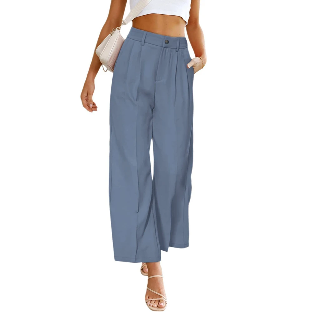 Women Regular Fit Trouser Straight Wide Leg High Waist Button Closure Modern Business Pants Blue M