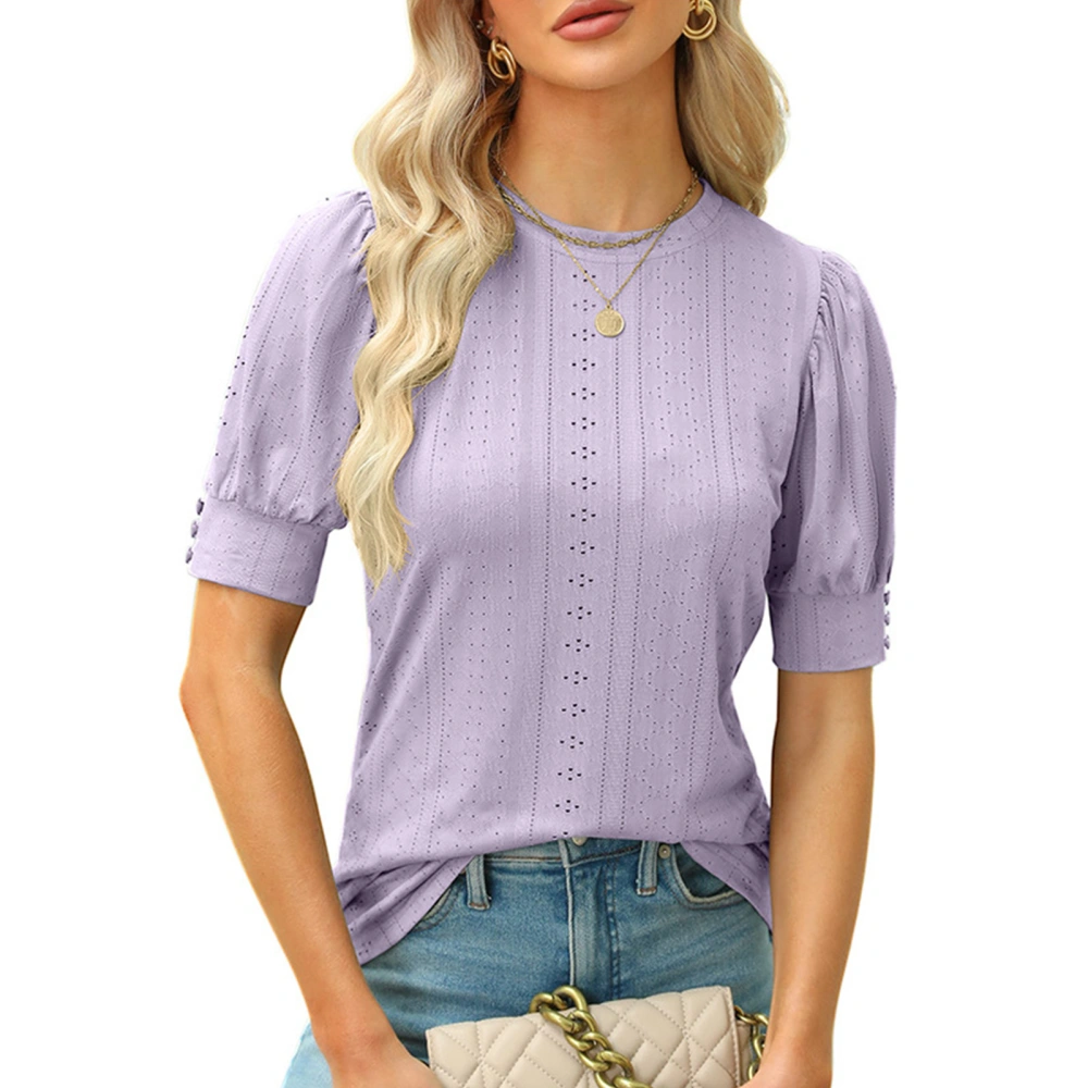 Women Pure Color T Shirt Crew Neck Comfortable Casual Hollow Round Neck Short Sleeve Sweatshirt Purple XL