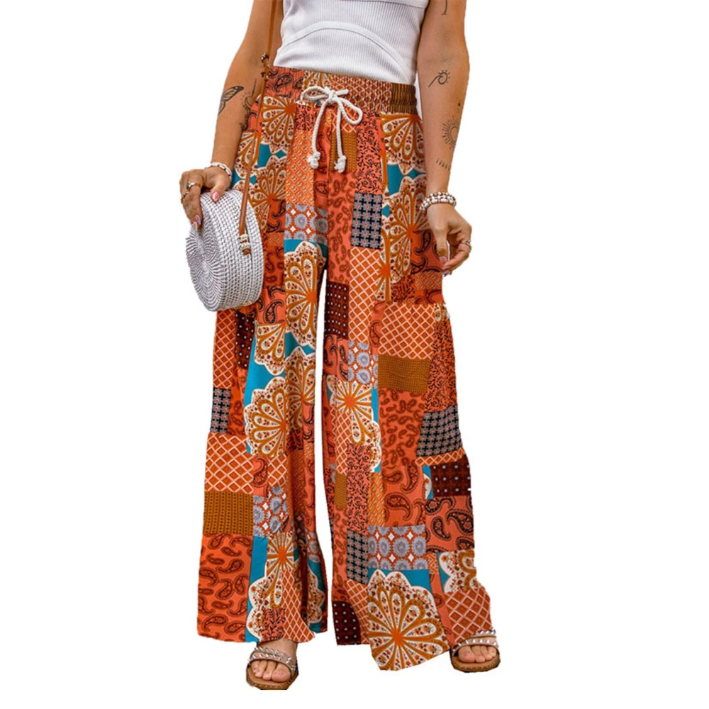 Printed Wide Leg Pants High Waisted Drawstring Color Block Plus Size Wide Leg Pants for Women Red XL