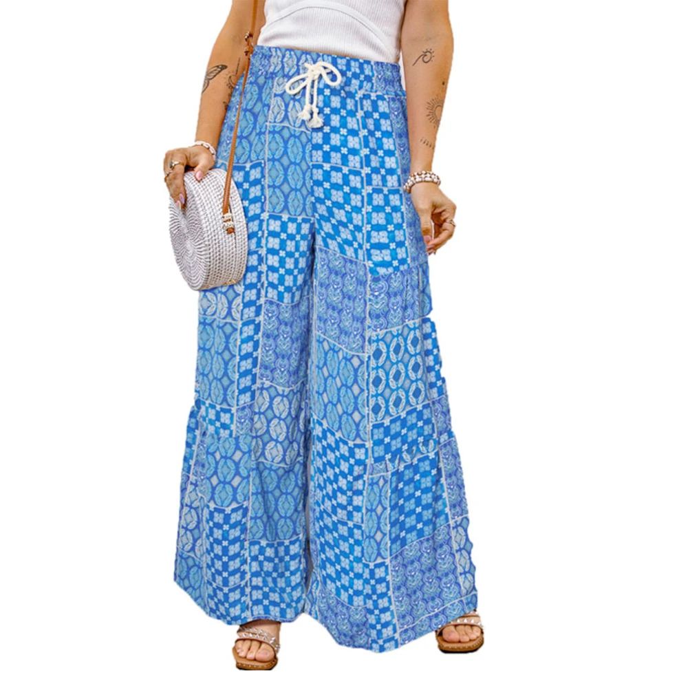 Printed Wide Leg Pants High Waisted Drawstring Color Block Plus Size Wide Leg Pants for Women Blue XL