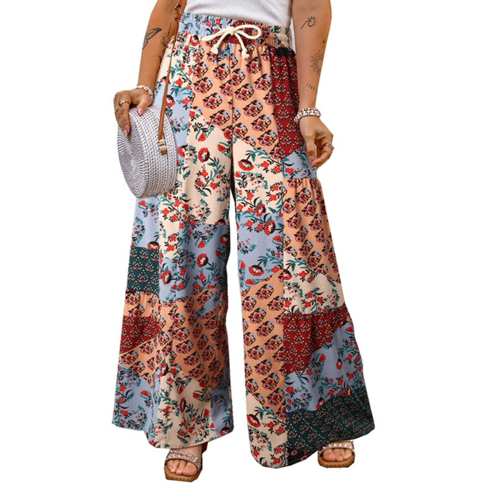 Printed Wide Leg Pants High Waisted Drawstring Color Block Plus Size Wide Leg Pants for Women Purple 3XL