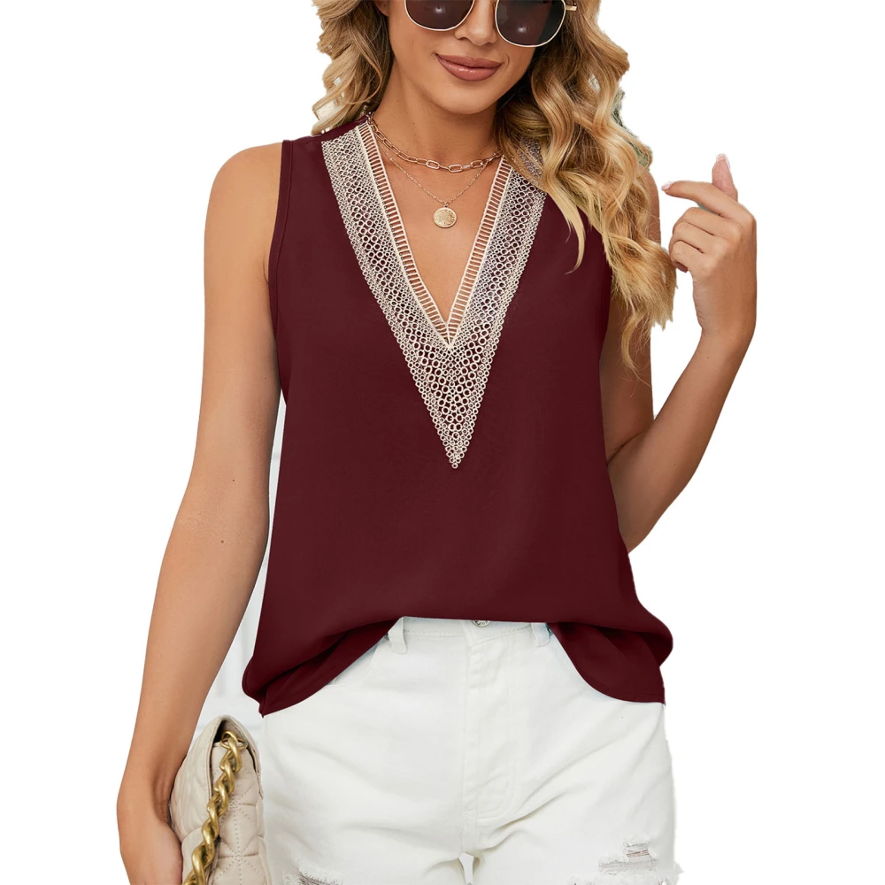 Women Sleeveless Chiffon Shirt Deep V Neck Loose Fitting Casual Lace Trim Trendy Tank Top Wine Red XL