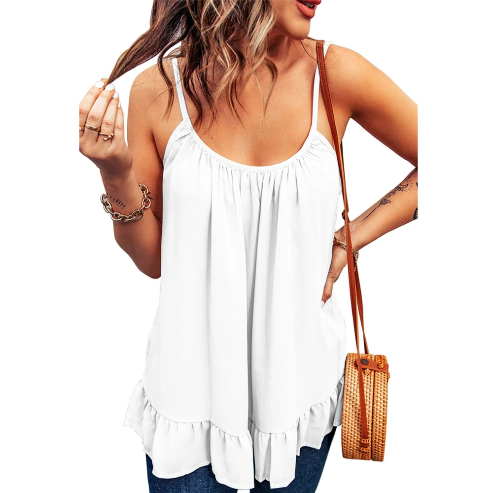 Women Tank Top Pure Color Sleeveless Shirt Ruffle Hem Crew Neck Comfortable for Date Travel White M