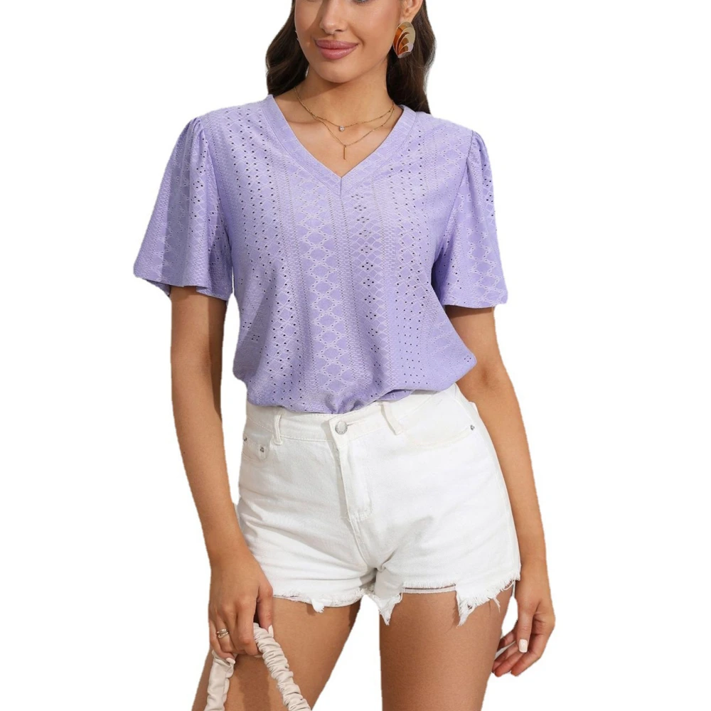 Women Short Sleeve Top V Neck Ruffle Sleeves Summer Casual T Shirt Hollow Jacquard Fabric Shirt Purple M