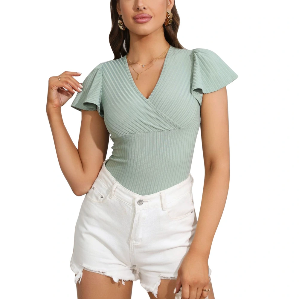 Women Knitted Short Sleeve Top Cross Wrap V Neck Slim Solid Color Ruffle T Shirt Mint Green XL