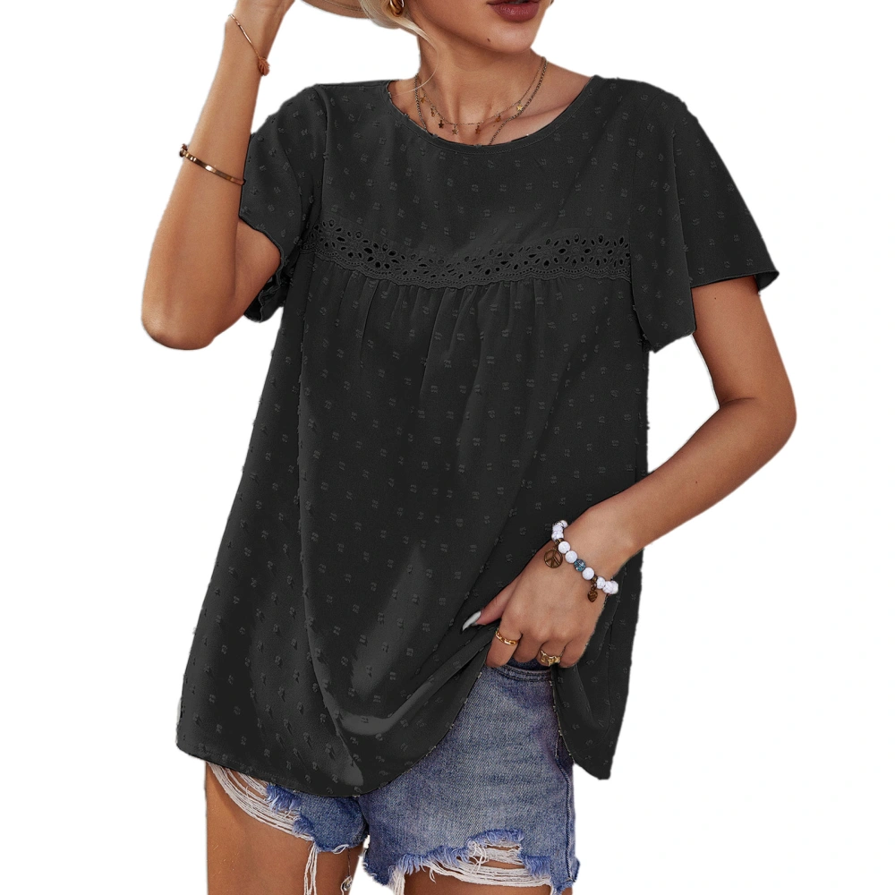 Short Sleeve Crewneck Top Women Casual Elegant Pure Color Lace Shirt Blouse for Office Work Black M