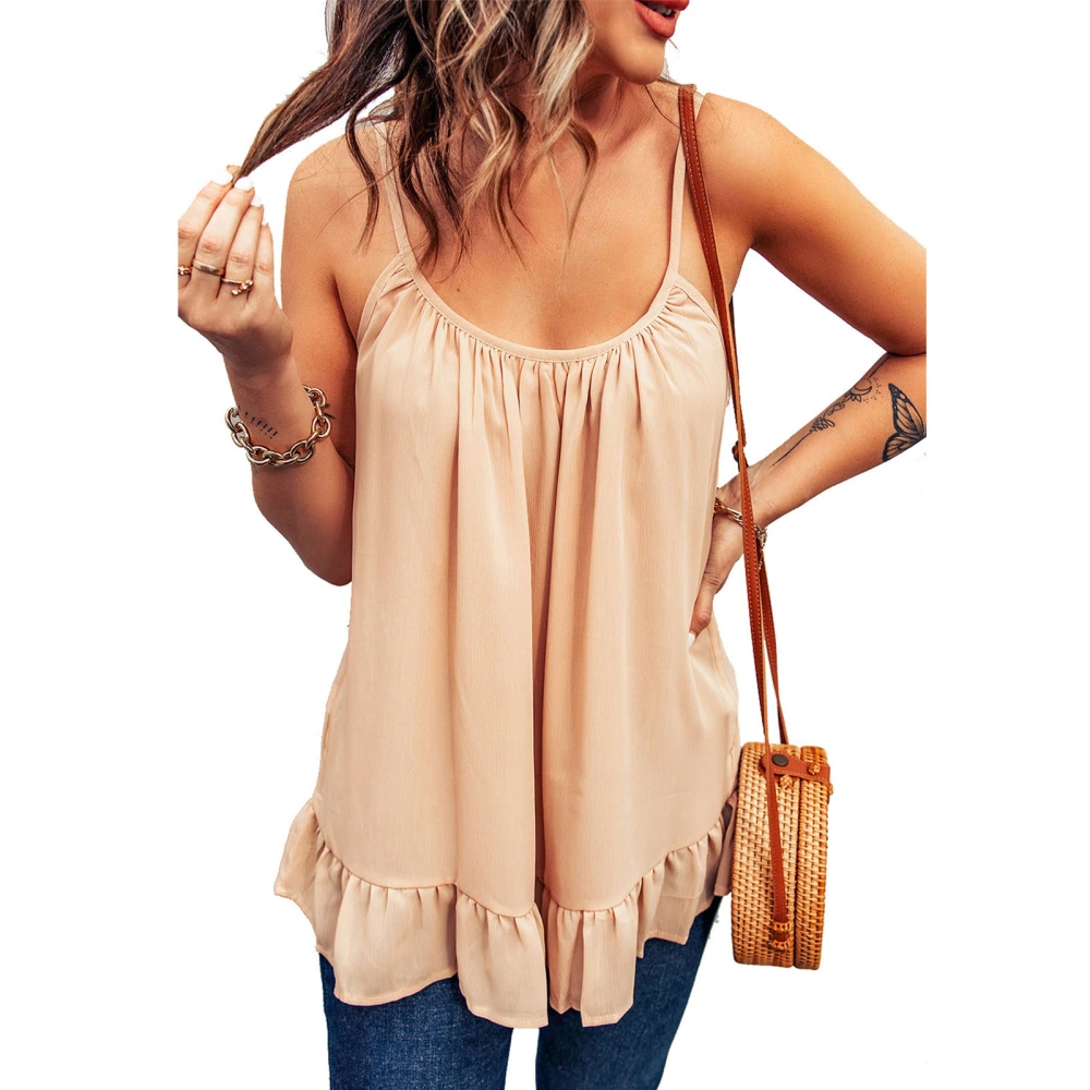 Women Tank Top Pure Color Sleeveless Shirt Ruffle Hem Crew Neck Comfortable for Date Travel Apricot M