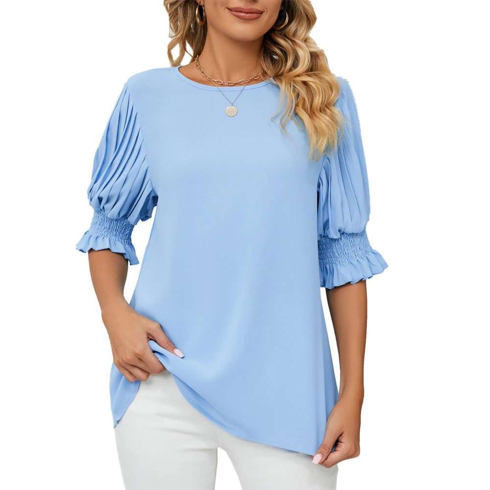 Short Sleeve Crewneck Top Women Fashionable Loose Casual Pure Color Ruffle Sleeve Shirt Blouse for Dating Skyblue S