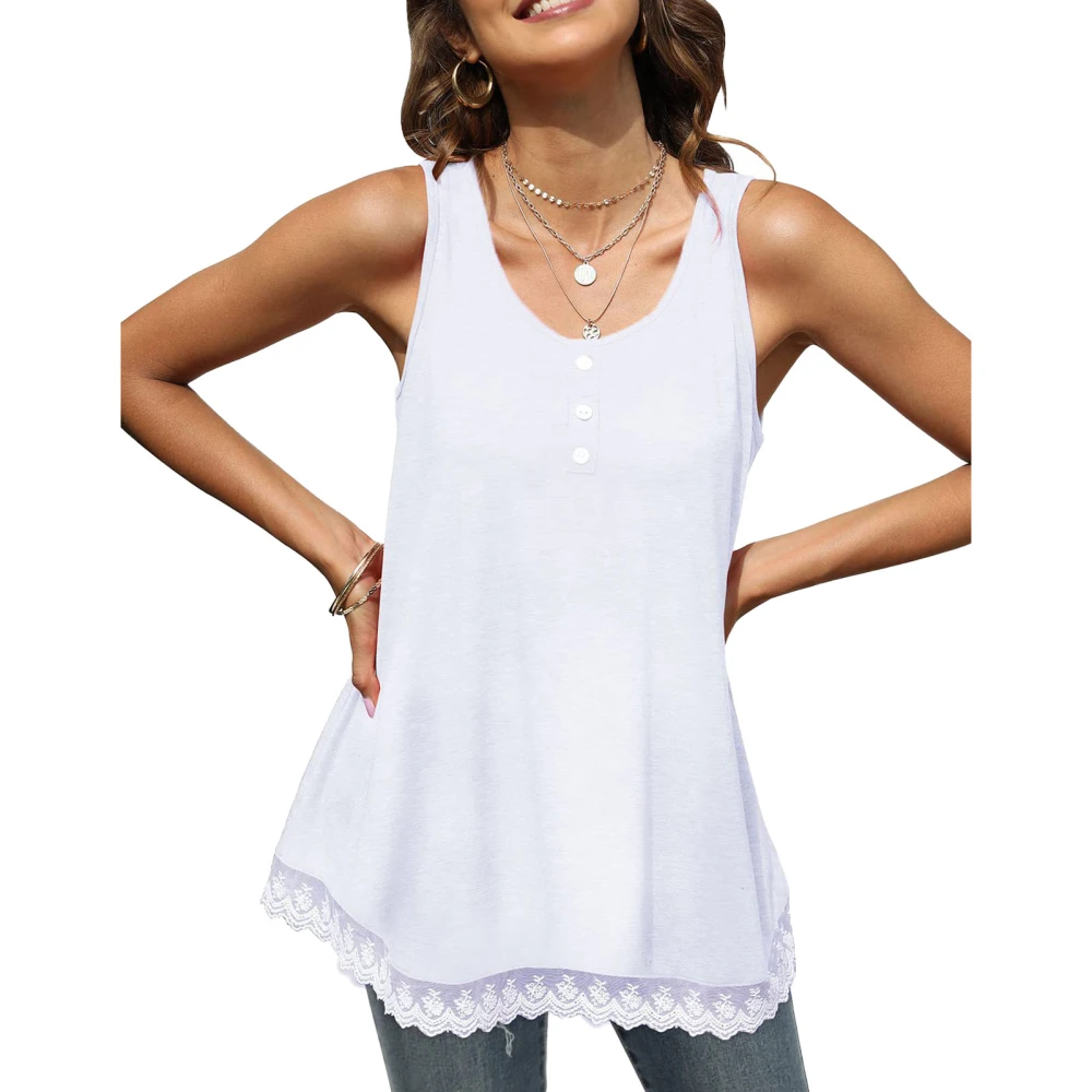 Women Tank Top Scoop Neck Lace Trim Casual Bottoned Loose Hem Pure Color Summer Sleeveless Shirt White XL