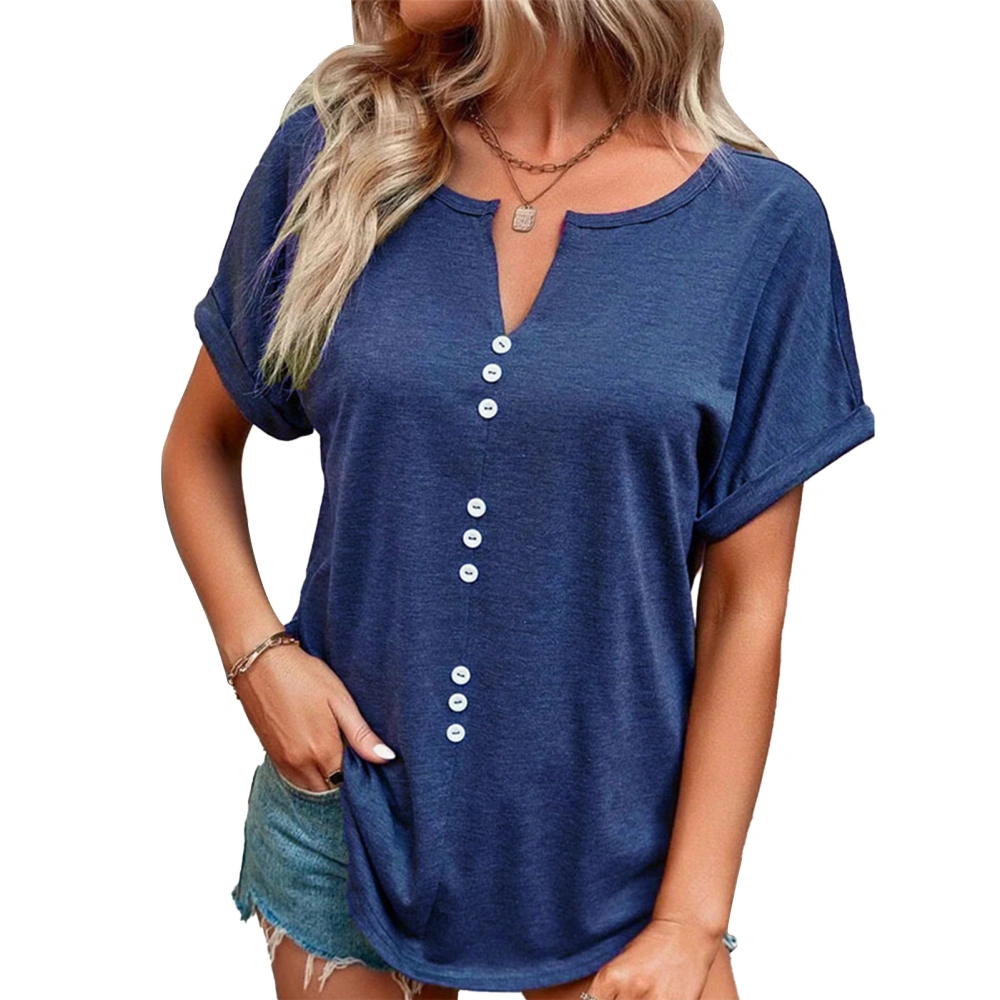 Women T Shirt Short Sleeve V Neck Pure Color Loose Fit Front Button Decoration Lady Casual Top for Spring Summer Dark Blue XXL