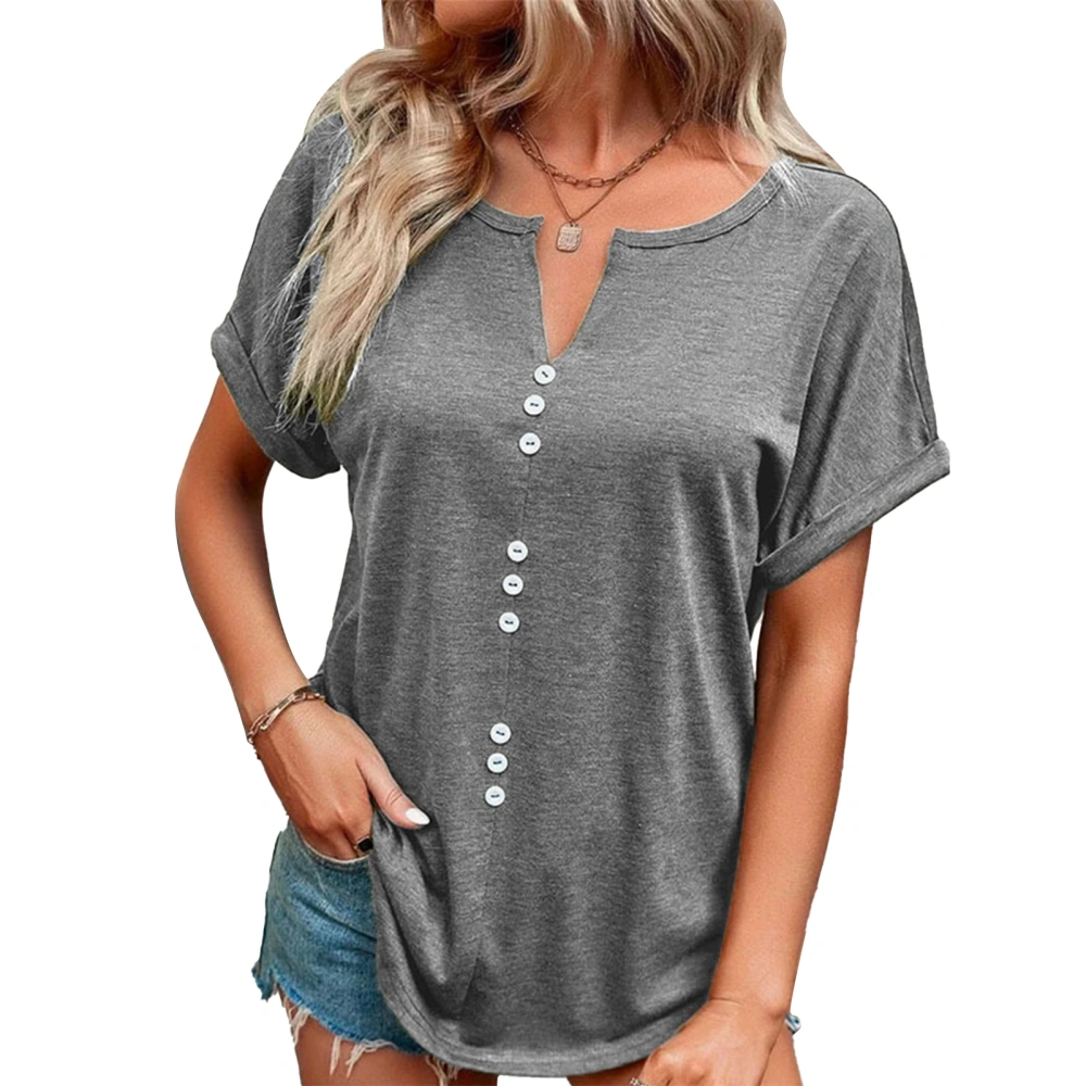 Women T Shirt Short Sleeve V Neck Pure Color Loose Fit Front Button Decoration Lady Casual Top for Spring Summer Gray XXL