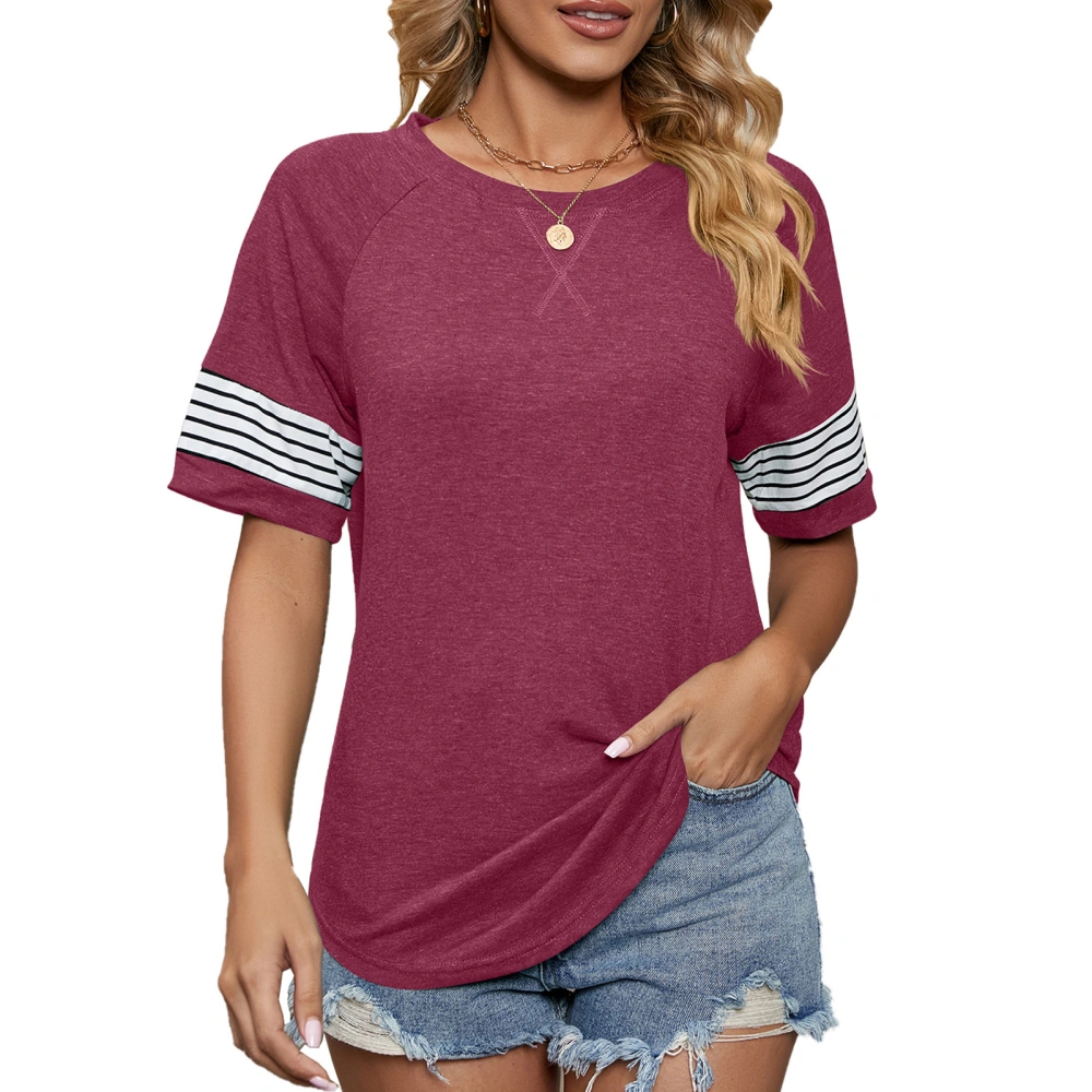 Women Short Sleeve Shirt Fashionable Stripe Patchwork Women Round Neck Top for Summer Wine Red XXL