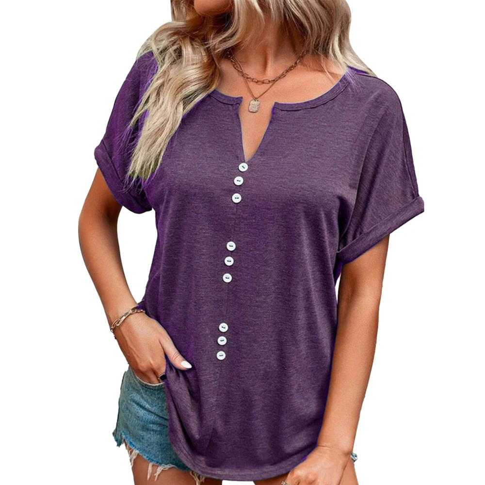 Women T Shirt Short Sleeve V Neck Pure Color Loose Fit Front Button Decoration Lady Casual Top for Spring Summer Purple S