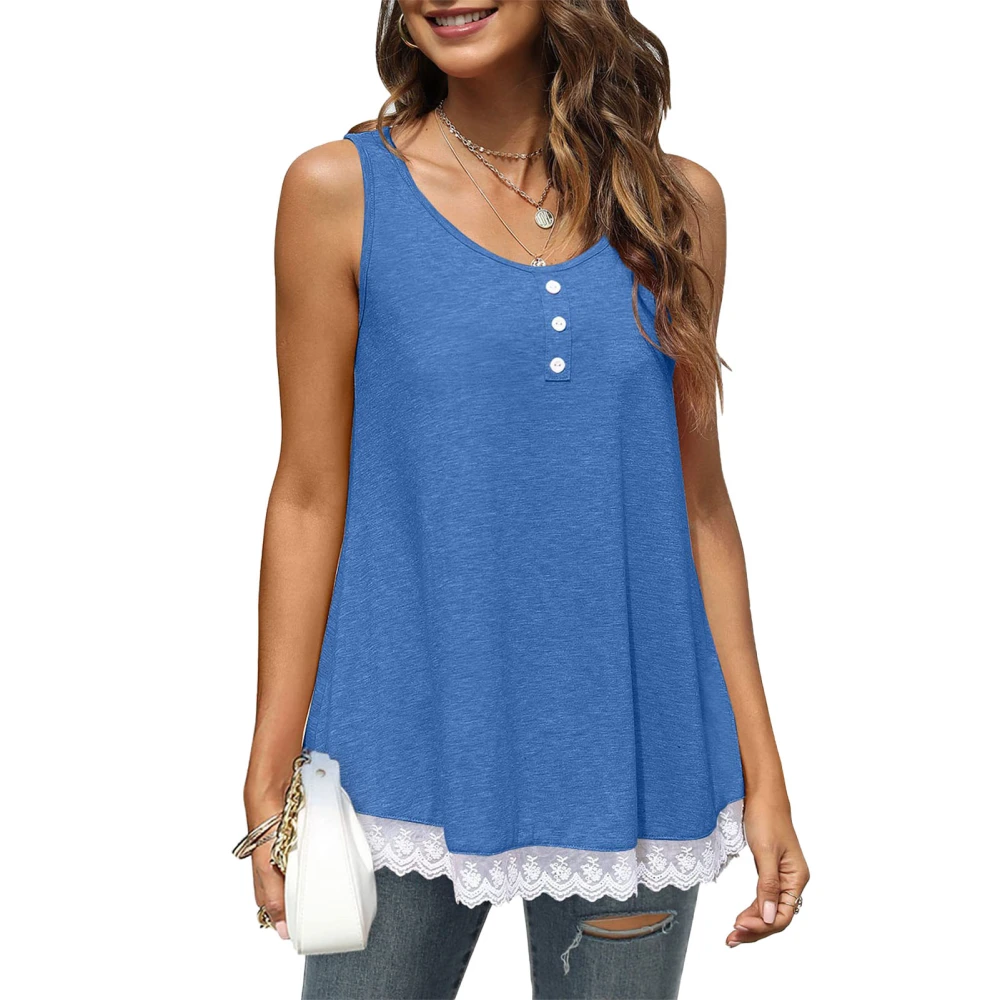 Women Tank Top Scoop Neck Lace Trim Casual Bottoned Loose Hem Pure Color Summer Sleeveless Shirt Blue XXL