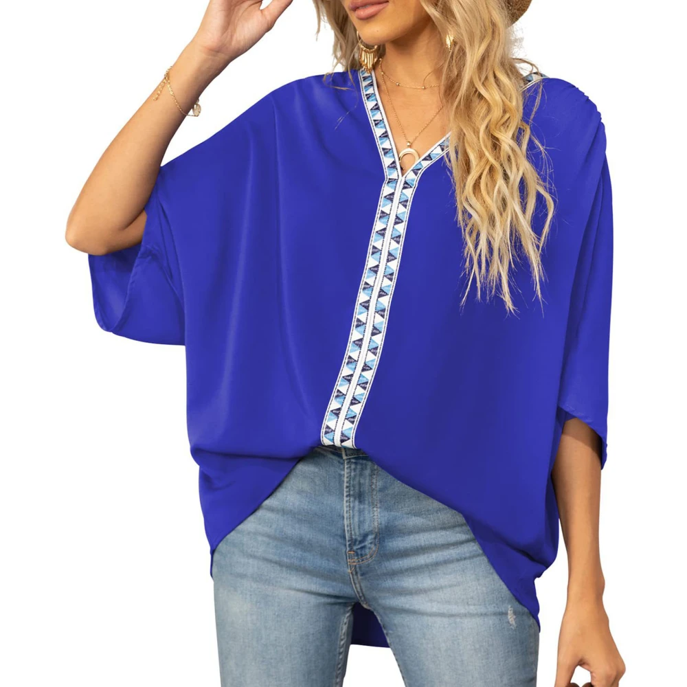 3/4 Sleeve Chiffon Shirt V Neck Printed Oversized Loose Fit Blouse T Shirt for Women Summer Dark Blue S