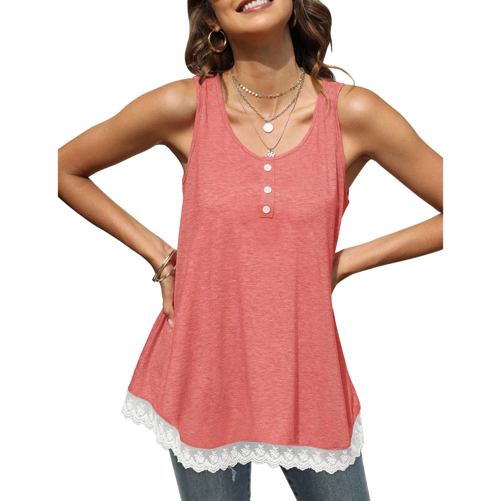 Women Tank Top Scoop Neck Lace Trim Casual Bottoned Loose Hem Pure Color Summer Sleeveless Shirt Pink L