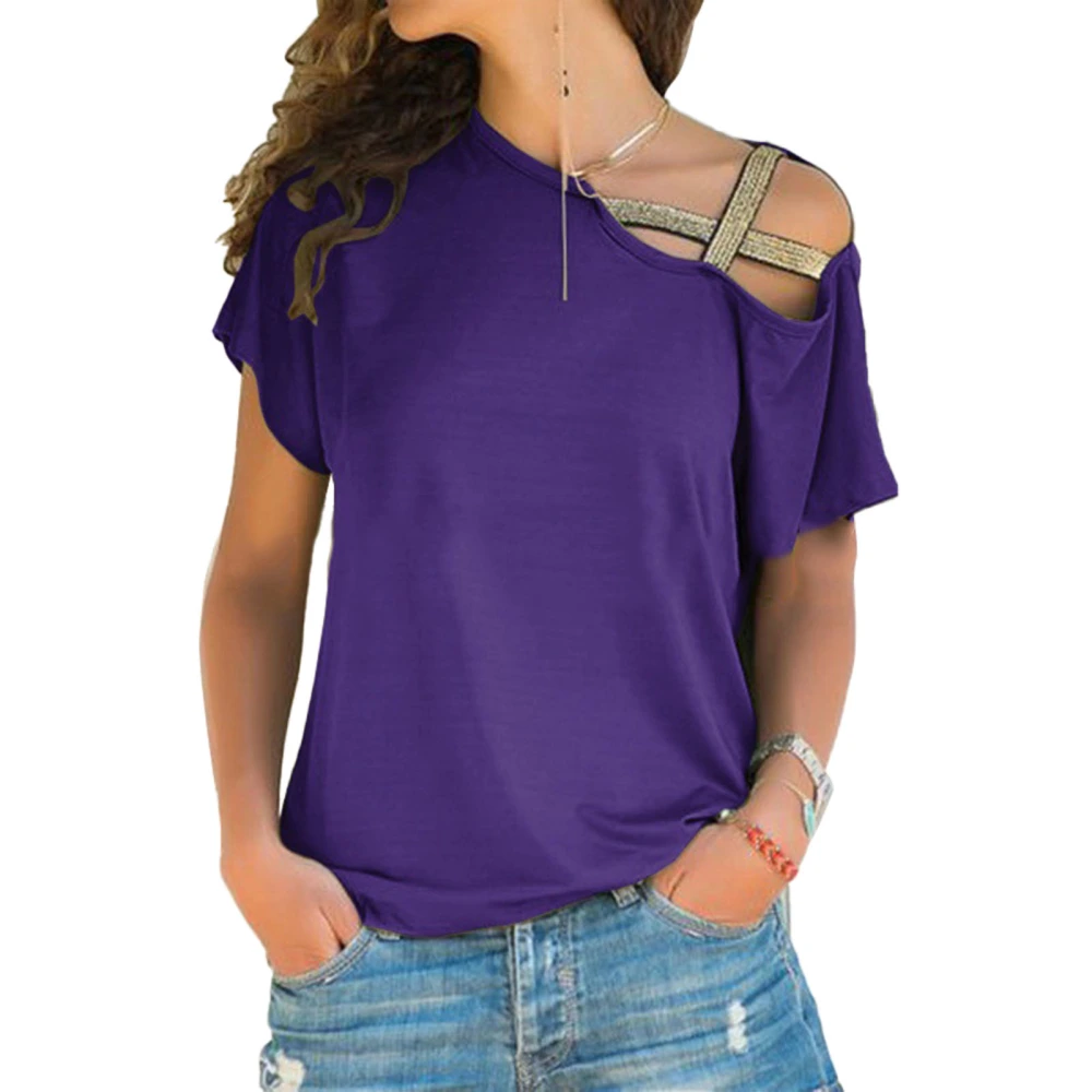 Women Slanted Shoulder Cross Short Sleeve Tops Summer Fashionable Casual Loose Pure Color Women Cold Shoulder T Shirts Purple M