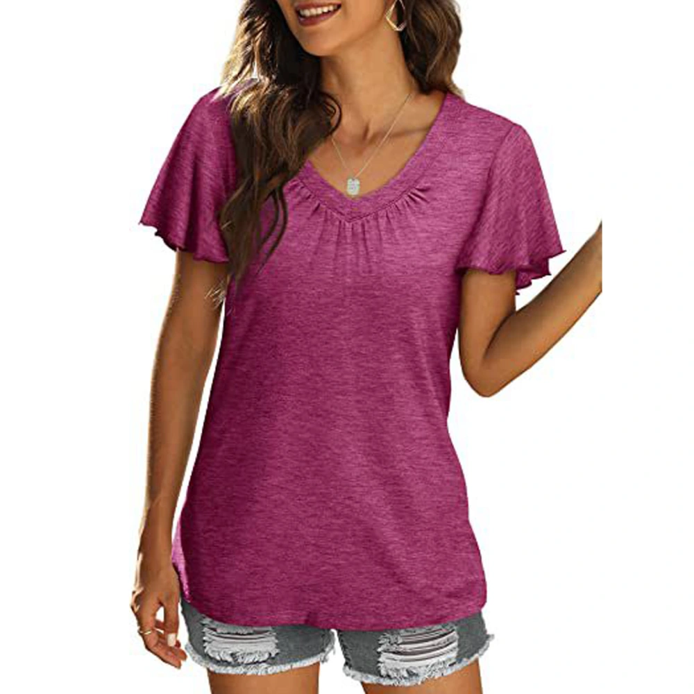 Short Sleeve Top with Ruffle Cuffs Pleated V Neck Women Casual T Shirt for Daily Wear Purplish Red M