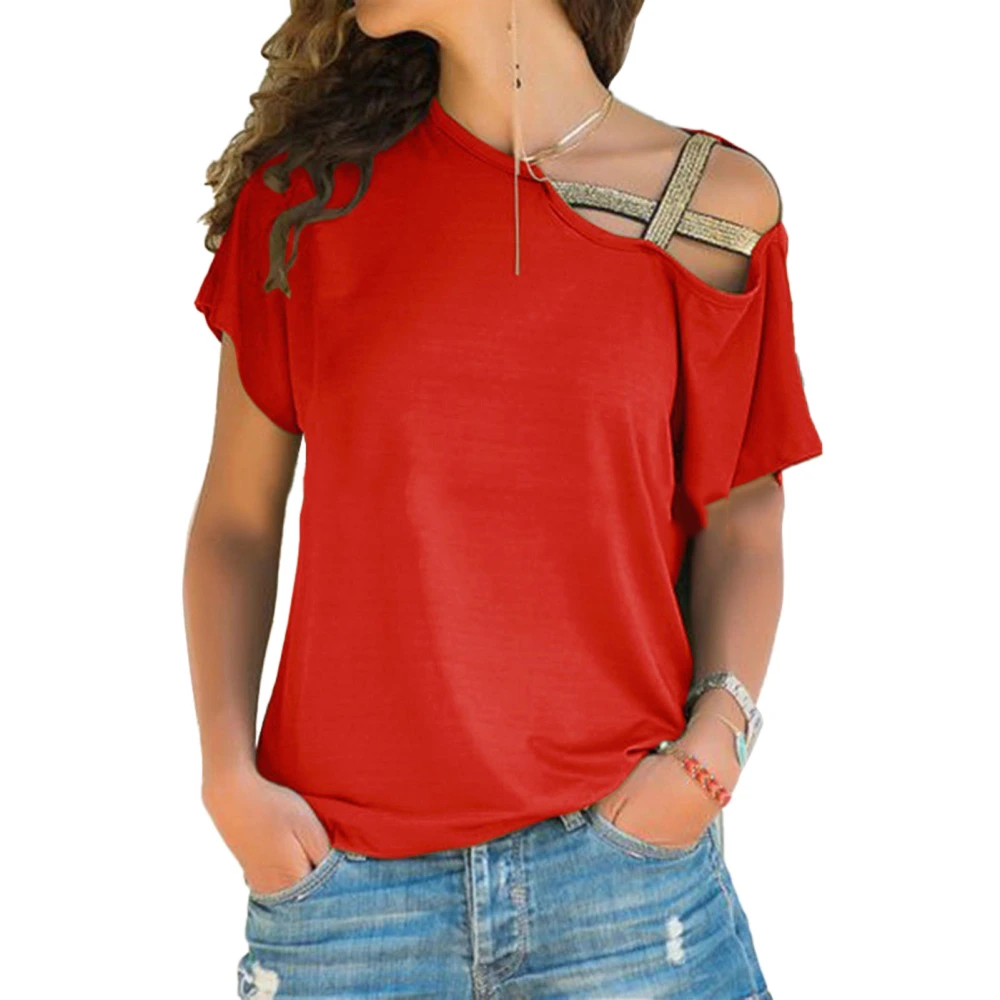 Women Slanted Shoulder Cross Short Sleeve Tops Summer Fashionable Casual Loose Pure Color Women Cold Shoulder T Shirts Orange XXL